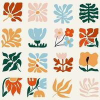 Unusual abstract shapes in modernist style. Set of square geometric tiles with plants, flowers and leaves inspired by impressionism vector