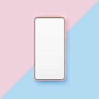 Pink realistic smartphone mockup on pastel color background. 3d mobile phone with blank white screen vector