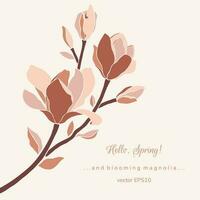 Magnolia branch in pastel color palette on beige background. vector