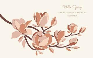 Magnolia branch in pastel color palette on beige background. vector