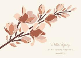 Magnolia branch in pastel color palette on beige background. vector