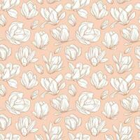 Seamless pattern with blooming magnolia flowers in sketch style. vector