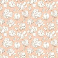 Seamless pattern with blooming magnolia flowers in sketch style. vector