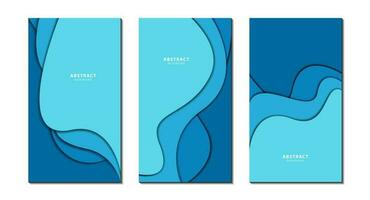 Vector vertical flyer with waves in blue ocean colors. Set of templates for business brochures, page layout, media story. Abstract design