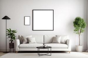 Blank picture frame mockup on white wall. White living room design . photo