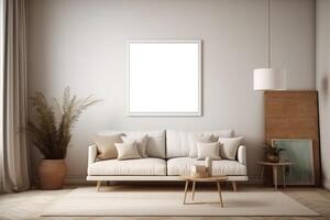boho minimalist cozy healing living room blank frame mockup . photo