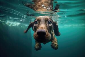 Cute dog swimming underwater. . photo