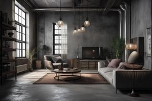 Modern industrial living room interior, wall mockup . photo