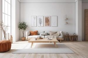 minimalist drawing room with blank wall art mockup beautiful . photo