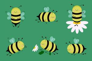 Set of cute bees in cartoon style in different poses vector