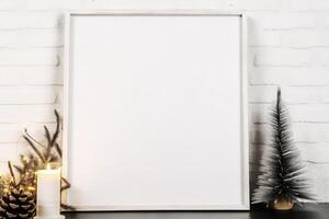 fancy modern Christmas mockup with farmhouse flair, empty blank white wooden picture frame . photo