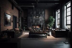 Dark living room loft with fireplace, industrial style . AI Generated photo