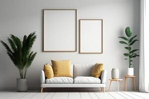 minimalist living room wall with empty blank white poster frame mockup . photo