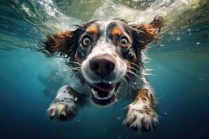 Cute dog swimming underwater. . photo