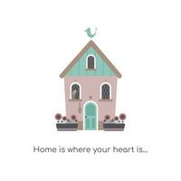 Cute house with bird and flowers in pots. Sweet home or welcome home concept. Vector flat illustration.