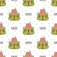 Cute house with plants and an inscription Home sweet home. Welcome home concept. Seamless vector pattern.