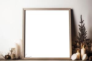 fancy modern Christmas mockup with farmhouse flair, empty blank white wooden picture frame . photo