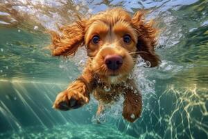 Cute dog swimming underwater. . photo
