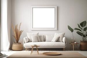 boho minimalist cozy healing living room blank frame mockup . photo