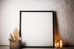 fancy modern Christmas mockup with farmhouse flair, empty blank white wooden picture frame . photo