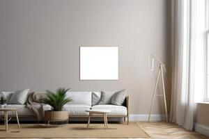 boho minimalist cozy healing living room blank frame mockup . photo