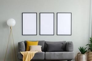 minimalist living room wall with empty blank white poster frame mockup . photo