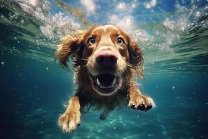 Cute dog swimming underwater. . photo