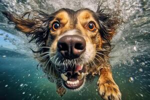 Cute dog swimming underwater. . photo