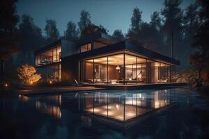 exterior, oscuro lujo casa con nadando piscina en bosque, noche, concepto moderno. . ai generado foto