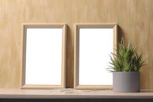 prototype of two simple picture frames side by side with beige wall model . photo
