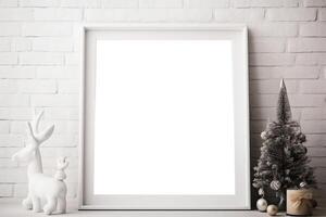 fancy modern Christmas mockup with farmhouse flair, empty blank white wooden picture frame . photo