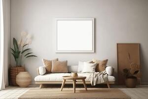 boho minimalist cozy healing living room blank frame mockup . photo