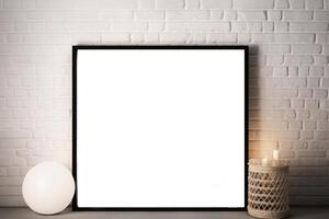 fancy modern Christmas mockup with farmhouse flair, empty blank white wooden picture frame . photo