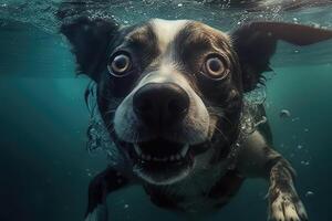 Cute dog swimming underwater. . photo