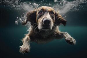 linda perro nadando submarino. generativo ai . ai generado foto