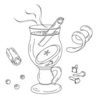 Outline drawing by hand of a glass cup with mulled wine, cinnamon stick, apple slice and cloves. EPS vector