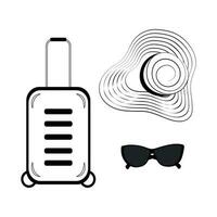 Set of contour drawing of a hat with wide brim and a strips around, sunglasses and travel suitcase vector