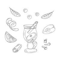 Set of Outline drawing of a glass cup with mulled wine, cinnamon stick, apple slice and cloves. EPS vector