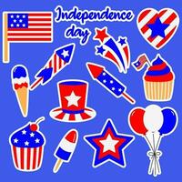 American Independence Day. US flag, star, cupcakes, fireworks, ice cream and heart stickers collection. 4th july celebration. Vector cartoon illustration for print.