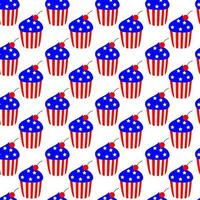 Seamless pattern with cute cupcake on a white background. American Independence Day, 4th july celebration. It can be used for packaging, wrapping paper, textile and etc. Vector cartoon illustration.