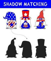 Cute gnomes for American Independence Day. shadow matching activity for children. Simple educational game for kids with leaves. Find the correct silhouette printable worksheet. vector