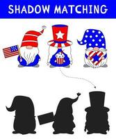 Cute gnomes for American Independence Day. shadow matching activity for children. Simple educational game for kids with leaves. Find the correct silhouette printable worksheet. vector