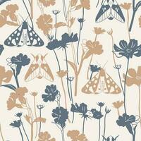 Seamless pattern with wild flowers and moths vector
