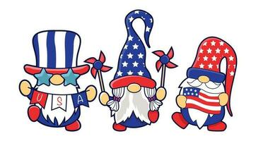 conjunto de gracioso gnomos en America independencia día disfraz carnaval. vector