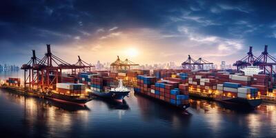 . . Photo Realistic shot of sea port cargo with ships and containers. Logistic business transportation doc. Graphic Art