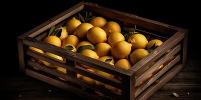 . . Photo realistic illustration of yellow eco organi lemons limes in wood rustic vintage box. Top view vibe. Graphic Art