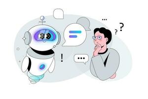 A Man asks a Question to Artificial Intelligence Bot. Chatbot in the form of a cute Robot answers questions. Ai and human characters. Using and chatting messanger. Neural network conversation vector