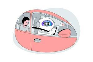 piloto automático yo conducción ai transportar humano en coche utilizando neural red. autónomo robot artificial inteligencia conductor en el frente asiento. vector