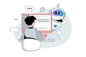 Robot character peeks out from behind a Computer Monitor. Male User enters a Request to Artificial Intelligence. Man writes a question in Chatbot vector