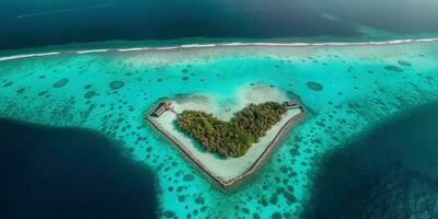 AI Generated. AI Generative. Aerial drone photo realistic illustration of island maldives in heart shape. Paradise adventure vacation tropical vibe. Graphic Art